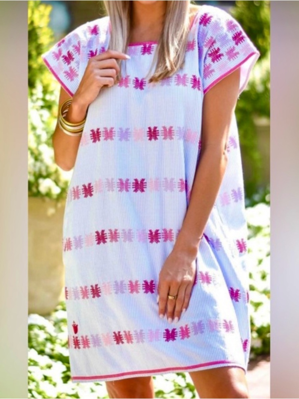 Light Blue & Pink Embroidered Shift Dress